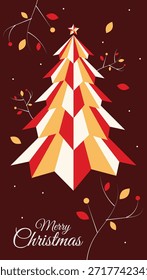 Árvore de Natal abstrata geométrica com padrões vermelhos e dourados; Fundo festivo moderno com folhas de outono e roteiro de Natal alegre em marrom escuro; Projeto de cartão de saudação de feriado vetorial.