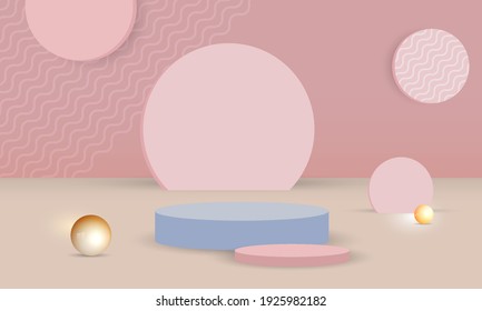 Geometric abstract circle podium in pink background. Mock up, show cosmetic scene, product presentation template design. 3d render vector illustration