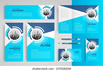 Geometric Abstract Circles blue color Set flyer cover, tri-fold, banner, roll up banner, business card