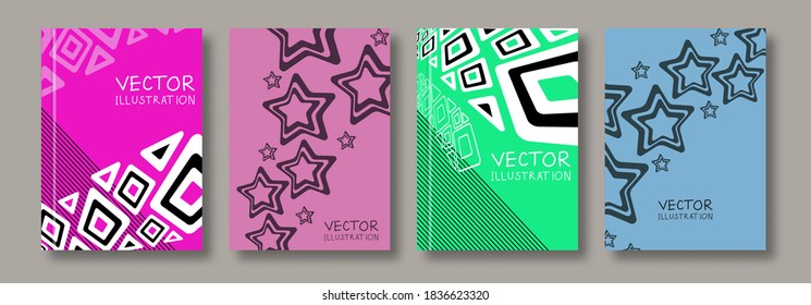 Geometric abstract color flyers set. Brochures unusual color shapes style. Design Painting elements. Line art. Wallpaper with empty space for your text. Vector illustration.