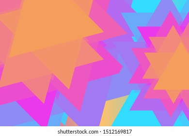 Geometric abstract colored background. Orange, blue, purple. Triangles, stars.
