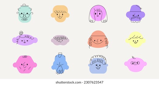 Caras cómicas abstractas geométricas coloridas con varias emociones de diferente edad. Diferentes representaciones de personas diversas. Caracteres de estilo de caricatura o avatares. Ilustración vectorial de moda dibujada a mano.