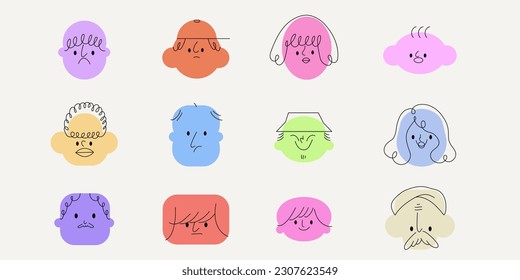 Caras cómicas abstractas geométricas coloridas con varias emociones de diferente edad. Diferentes representaciones de personas diversas. Caracteres de estilo de caricatura o avatares. Ilustración vectorial de moda dibujada a mano.