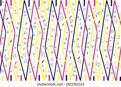 Geometric abstract colorful elements in bright pop art colors background. Abstract memphis style geometric patterns, creative artistic vector design for brochure, print, poster, banner, card or flyer