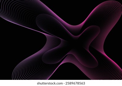 Geometric abstract colorful line Curves twisted into waves. Dark abstract background with glowing wave. Shiny moving lines design element.