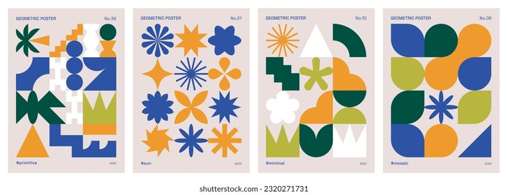 Geometric, abstract and colorful patterns. Poster set with minimalist and primitive shapes and symbols influenced by swiss style and Bauhaus. Trendy flat vector illustrations for covers or banners.