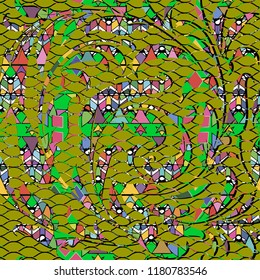 Geometric abstract colorful vector seamless pattern. Floral ornamental grid background. Surface lattice texture. Geometry bright shapes, flowers, leaves, triangles, stars, squares. Ornate design