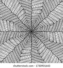 Geometric abstract coloring book page. Hand drawn doodle mandala. Circle, line, shape. Dynamic contour repeating elements. Beautiful pattern relaxation black white ornament. Vector meditation drawing.