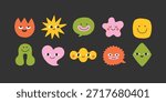 Geometric abstract comic faces with different emotions. Cute doodle faces, head, abstract smiling emoji, user pic. Funny faces for business team avatar. Modern contemporary art style. Circle, flower.