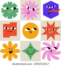 Geometric abstract comic faces with different emotions. Funny faces for business team avatar. Seamless pattern