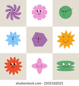 Geometric abstract comic faces with different emotions. Funny faces for business team avatar. Seamless patterns