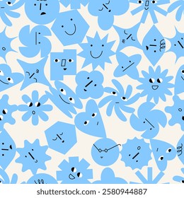 Geometric abstract comic faces with different emotions. Funny faces for business team avatar. Seamless pattern