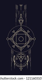 Geometric abstract composition with circle and square, using alchemical signs and symbols of planets, elements and metals. A template for a tattoo. Drawing for posters, booklets, printing. Vector