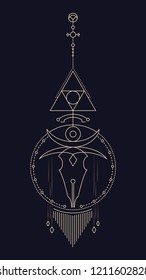 Geometric abstract composition with a circle and a stylized skull using alchemical signs and symbols of planets, elements and metals. A template for a tattoo. Drawing for posters, booklets, printing.