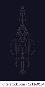 Geometric abstract composition with circle and triangle using alchemical signs and symbols of planets, elements and metals. A template for a tattoo. Drawing for posters, booklets, printing. Vector
