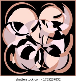 Geometric abstract composition of cut circular shapes on a black background, for printing on a silk scarf