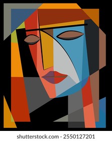 A geometric abstract composition features a stylized face . The asymmetrical design and overlapping elements create a dynamic visual experience.