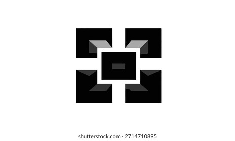 Eine geometrische abstrakte Komposition mit einer zentralen Form, umgeben von stilisierten geometrischen Elementen