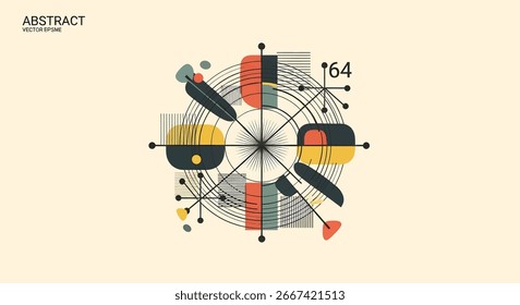 A geometric abstract composition featuring circular and linear elements with various shapes and colors. The design includes a central point with radiating li...
