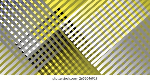 Uma composição abstrata geométrica que apresenta um arranjo complexo de linhas diagonais e formas interseccionais em tons de amarelo, cinza e branco.