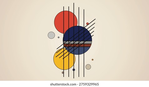 Geometric abstract composition featuring primary colored circles and intersecting black lines inspired by constructivist and modernist artistic styles for design projects.