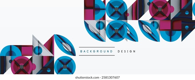 Geometric abstract composition with intersecting shapes, circles, triangles, and gradients, blending vibrant colors and dynamic contrasts to create a modern, futuristic visual design
