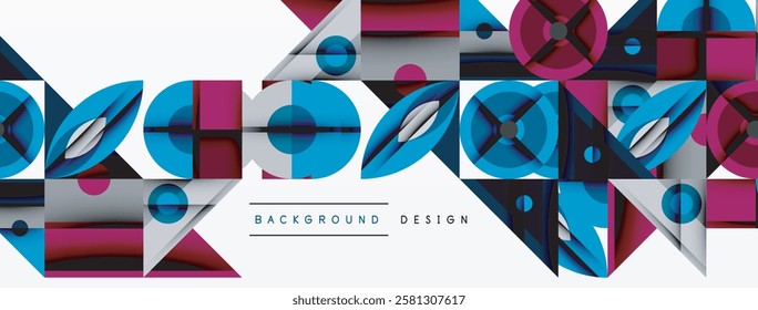 Geometric abstract composition with intersecting shapes, circles, triangles, and gradients, blending vibrant colors and dynamic contrasts to create a modern, futuristic visual design