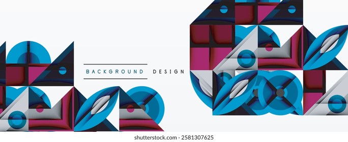 Geometric abstract composition with intersecting shapes, circles, triangles, and gradients, blending vibrant colors and dynamic contrasts to create a modern, futuristic visual design