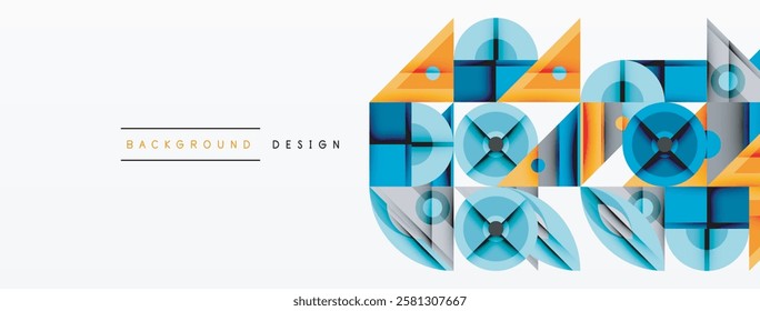 Geometric abstract composition with intersecting shapes, circles, triangles, and gradients, blending vibrant colors and dynamic contrasts to create a modern, futuristic visual design