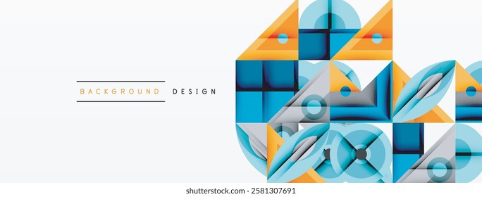 Geometric abstract composition with intersecting shapes, circles, triangles, and gradients, blending vibrant colors and dynamic contrasts to create a modern, futuristic visual design