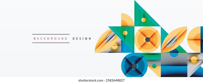 Geometric abstract composition with intersecting shapes, circles, triangles, and gradients, blending vibrant colors and dynamic contrasts to create a modern, futuristic visual design