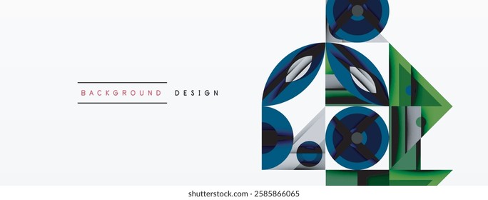 Geometric abstract composition with intersecting shapes, circles, triangles, and gradients, blending vibrant colors and dynamic contrasts to create a modern, futuristic visual design