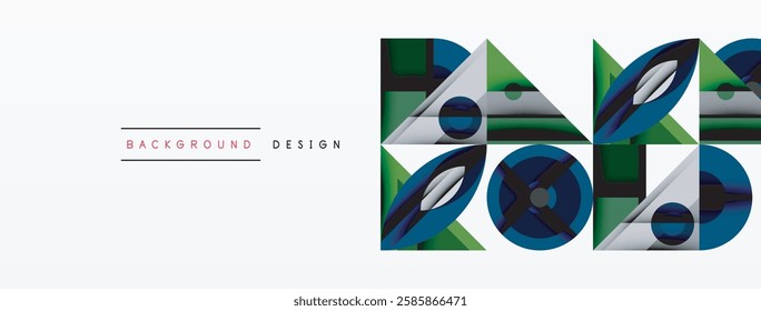 Geometric abstract composition with intersecting shapes, circles, triangles, and gradients, blending vibrant colors and dynamic contrasts to create a modern, futuristic visual design