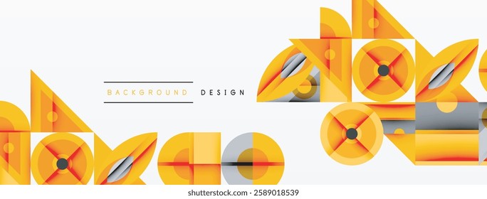 Geometric abstract composition with intersecting shapes, circles, triangles, and gradients, blending vibrant colors and dynamic contrasts to create a modern, futuristic visual design