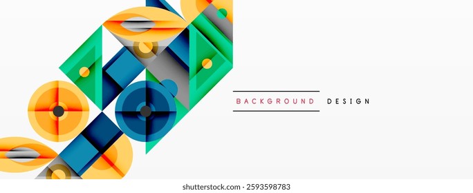Geometric abstract composition with intersecting shapes, circles, triangles, and gradients, blending vibrant colors and dynamic contrasts to create a modern, futuristic visual design