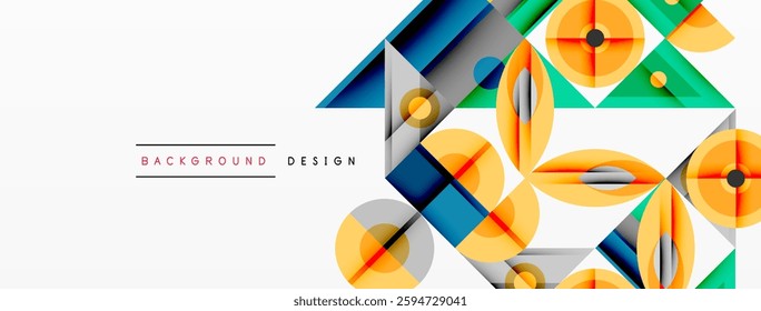 Geometric abstract composition with intersecting shapes, circles, triangles, and gradients, blending vibrant colors and dynamic contrasts to create a modern, futuristic visual design