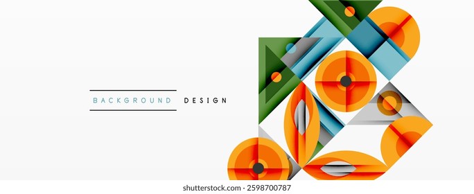 Geometric abstract composition with intersecting shapes, circles, triangles, and gradients, blending vibrant colors and dynamic contrasts to create a modern, futuristic visual design