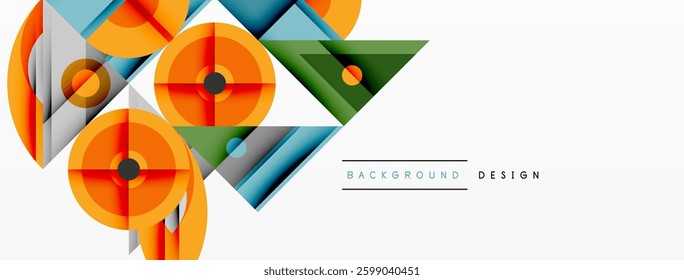 Geometric abstract composition with intersecting shapes, circles, triangles, and gradients, blending vibrant colors and dynamic contrasts to create a modern, futuristic visual design