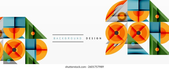Geometric abstract composition with intersecting shapes, circles, triangles, and gradients, blending vibrant colors and dynamic contrasts to create a modern, futuristic visual design