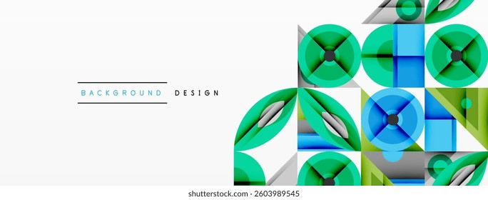 Geometric abstract composition with intersecting shapes, circles, triangles, and gradients, blending vibrant colors and dynamic contrasts to create a modern, futuristic visual design