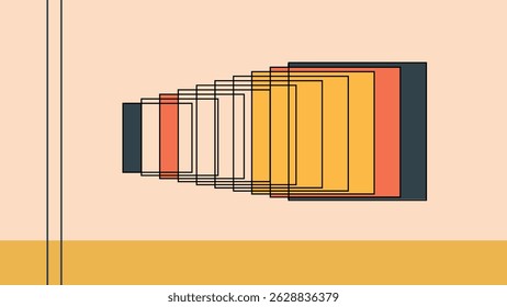 Composición abstracta geométrica con rectángulos en capas en tonos naranja, amarillo y marrón sobre un fondo beige, creando profundidad