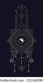 Geometric abstract composition with square and stylized sun using alchemical signs and symbols of planets, elements and metals. A template for a tattoo. Drawing for posters, booklets, printing
