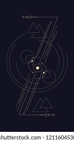 Geometric abstract composition using alchemical signs and symbols of planets, elements and metals. A template for a tattoo. Drawing for posters, booklets, printing. Vector