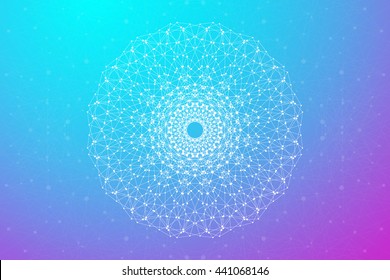 Geometric abstract with connected line and dots, radial graphics. Minimalism chaotic background visualization. Linear sign, symbol. Big data composition. Vector illustration