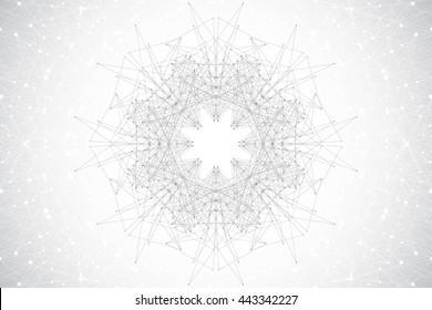 Geometrisches Abstrakt mit verbundenen Linien und Punkten, Radialgrafiken. Minimalismus chaotische Hintergrund Visualisierung. Lineares Vorzeichen, Symbol. Big Data-Zusammensetzung. Vektorgrafik