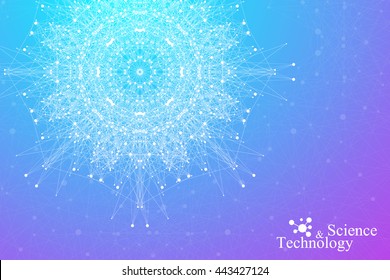 Geometric abstract with connected line and dots, radial graphics. Minimalism chaotic background visualization. Linear sign, symbol. Big data composition. Vector illustration.