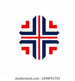 Geometric abstract cross logo design with British flag colors concept.