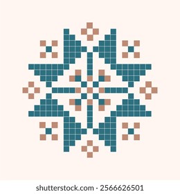 Geometric abstract a cross stitch pattern with red and white squares. Snowflake pixel art. Christmas and New Year decoration. Vector illustration