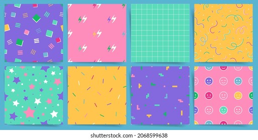 Geometric abstract cute shapes seamless pattern. Square repeat tile set with game elements. Vector tileable unisex colorful creative backgrounds collection. Yellow, pink, purple print texture pack.