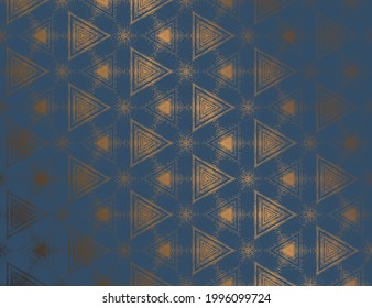 Geometric abstract dark blue metallic gold sheen textured kaleidoscopic hexagonal pattern. Symmetrical luxury ornament for digital paper, wallpaper background, packaging design. Vector illustration.